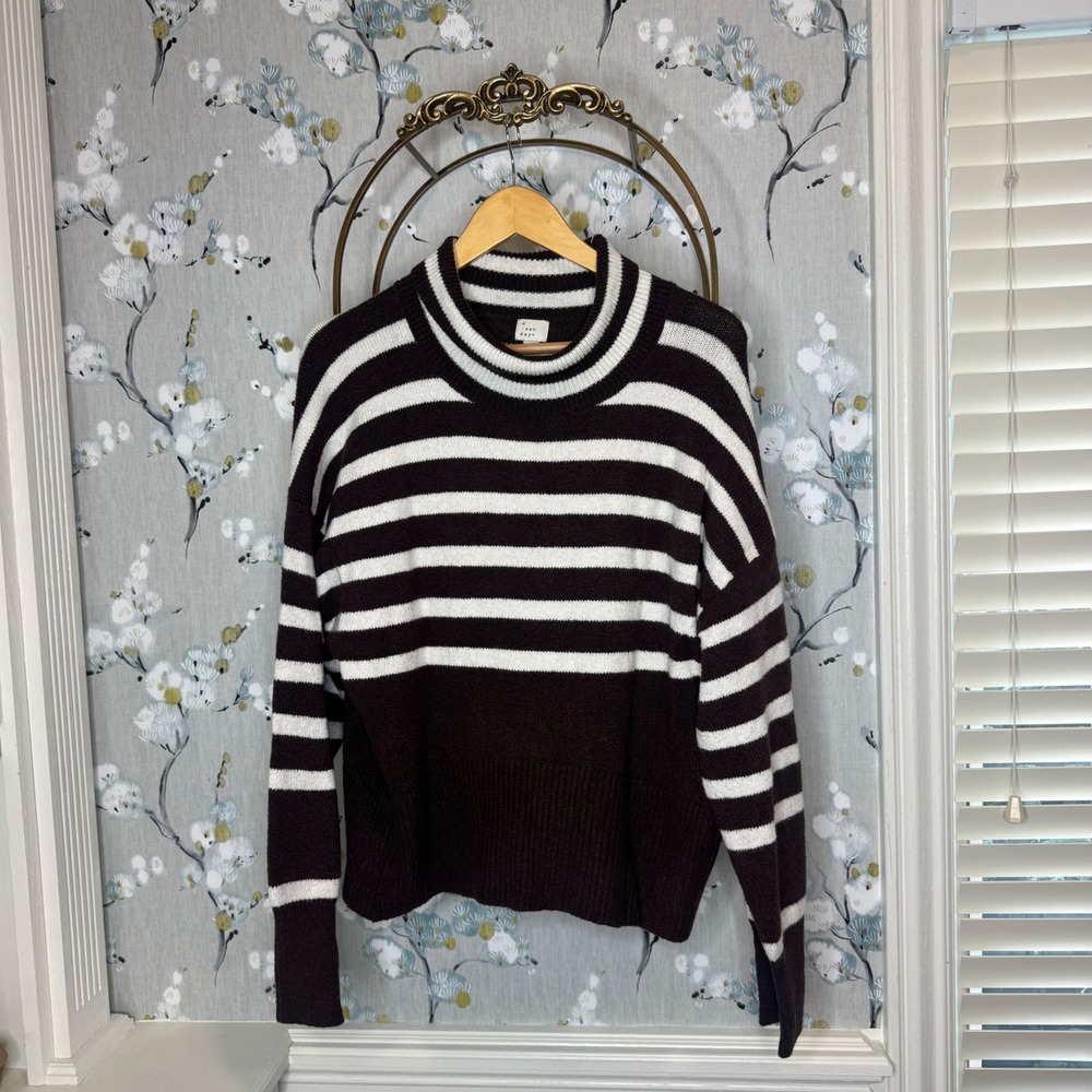 A New Day Womens Striped Mock Neck Sweater Brown White Knit Pullover Large